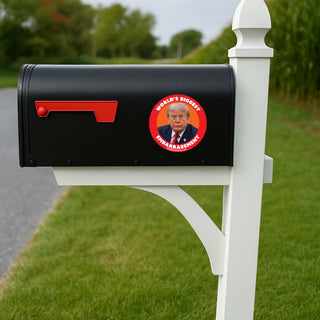 A black mailbox mounted on a white post outdoors, with a red flag and a circular red sticker featuring a portrait of trump and the text 'WORLD'S BIGGEST Embarrassment'.