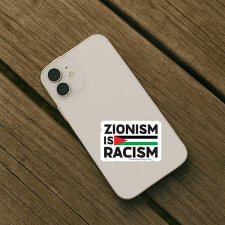 Zionism Is Racism vinyl sticker on white smartphone with Palestinian flag design