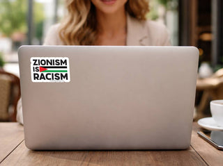 Zionism Is Racism political vinyl sticker on laptop featuring Palestinian flag colors