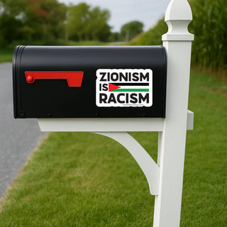 Zionism Is Racism Palestine sticker displayed on black residential mailbox outdoors