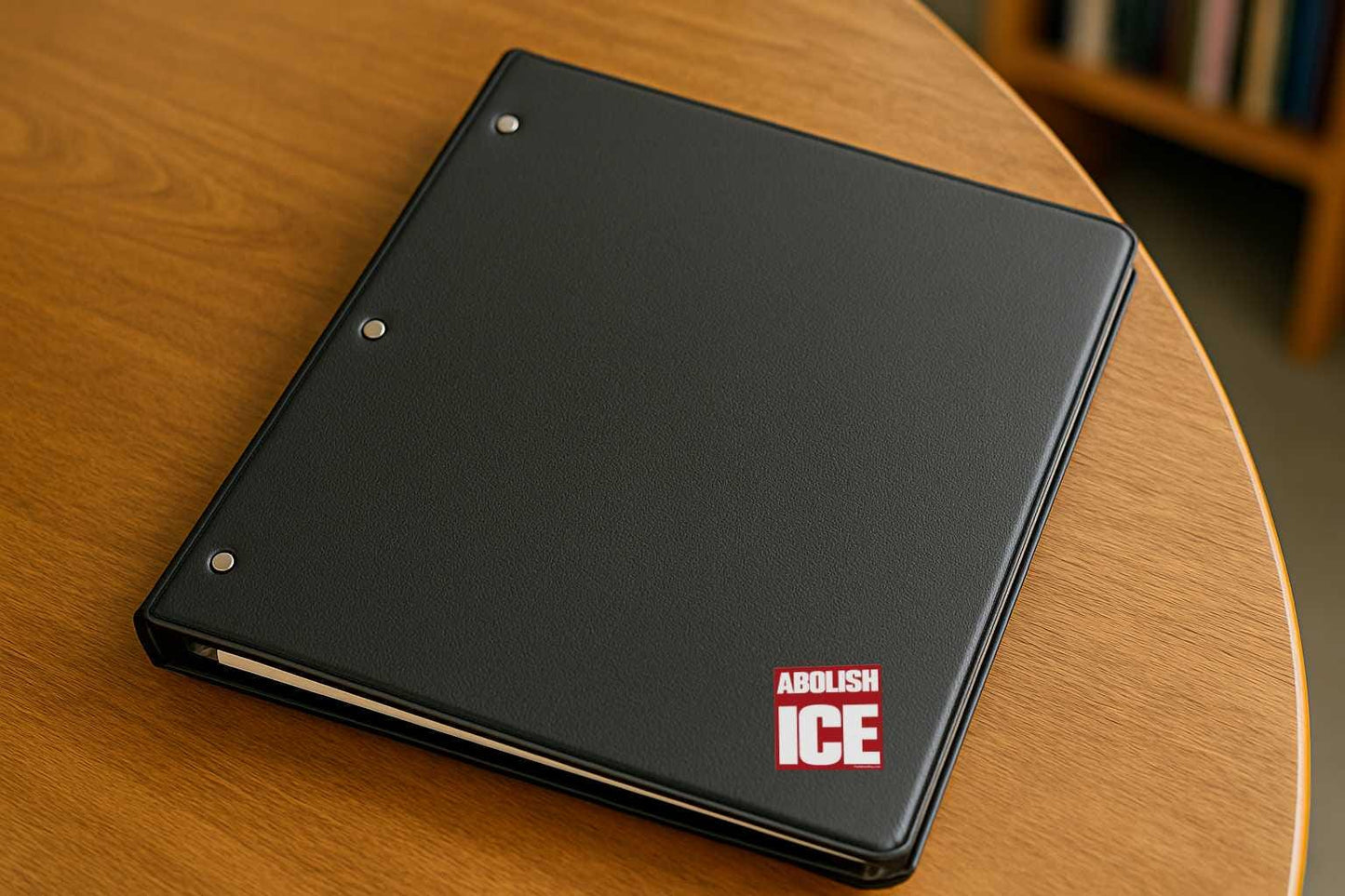 Black notebook with 'Abolish ICE' on a wooden surface