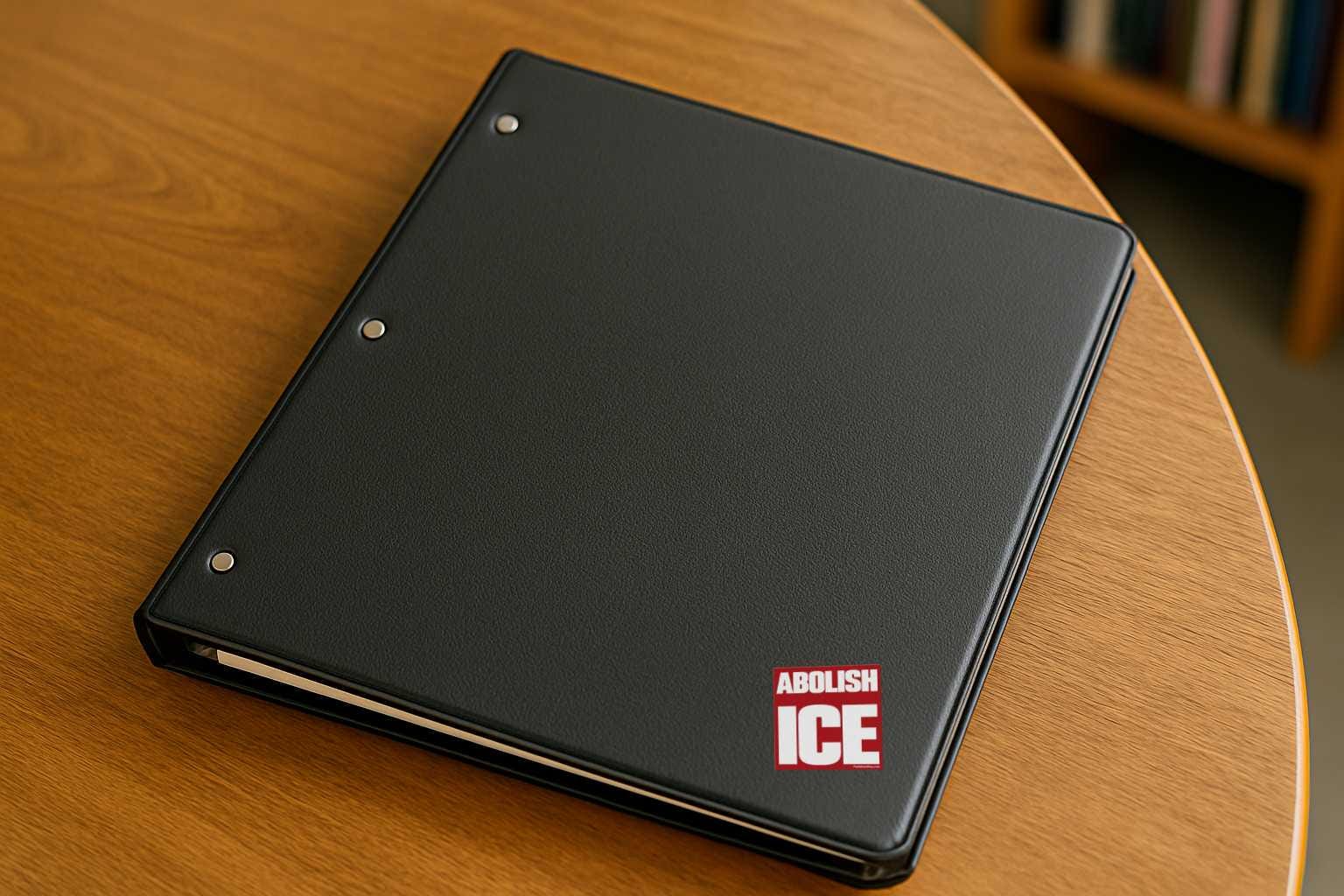Black notebook with 'Abolish ICE' on a wooden surface