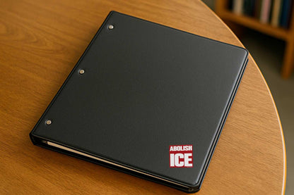 Black notebook with 'Abolish ICE' on a wooden surface