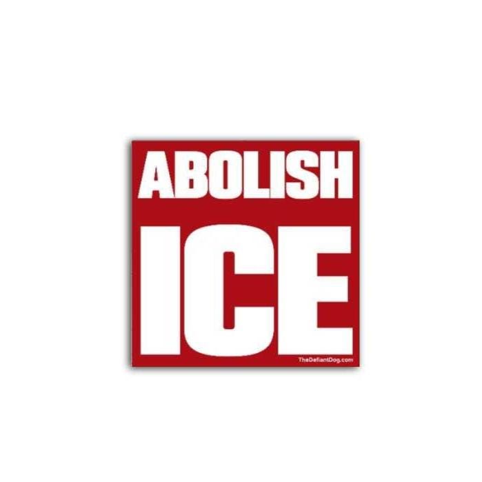 Red and white sticker with 'ABOLISH ICE' text on a white background