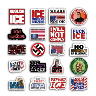 Collection of political stickers with various messages on a white background