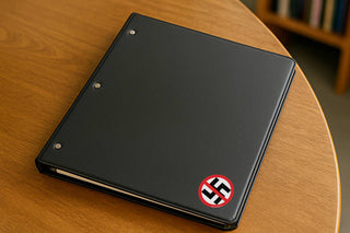Black notebook with a swastika symbol on a wooden surface