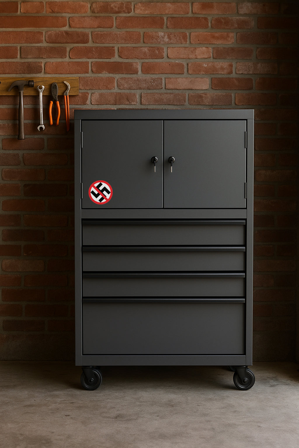 Anti-Nazi' magnet or vinyl decal displayed on a black tool cabinet. A bold, high-quality political sticker perfect for cars, laptops, fridges, or toolboxes. Great for activists, protestors, or anyone fed up with fascism.