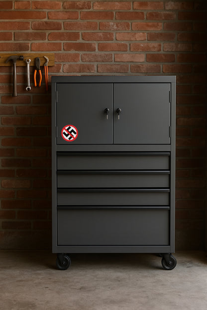 Anti-Nazi' magnet or vinyl decal displayed on a black tool cabinet. A bold, high-quality political sticker perfect for cars, laptops, fridges, or toolboxes. Great for activists, protestors, or anyone fed up with fascism.
