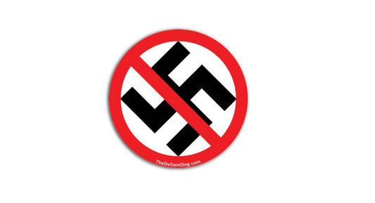 Anti-Swastika symbol with a red circle and line through it on a white background