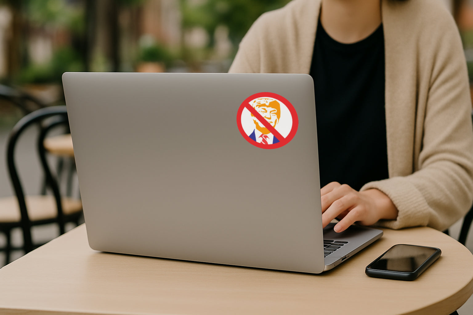 'Anti-Trump MAGA Red Circle with Line Through It' magnet or vinyl decal displayed on the back of a laptop. A bold, high-quality political sticker perfect for cars, laptops, fridges, or toolboxes. Great for activists, protestors, or anyone fed up with fascism.
