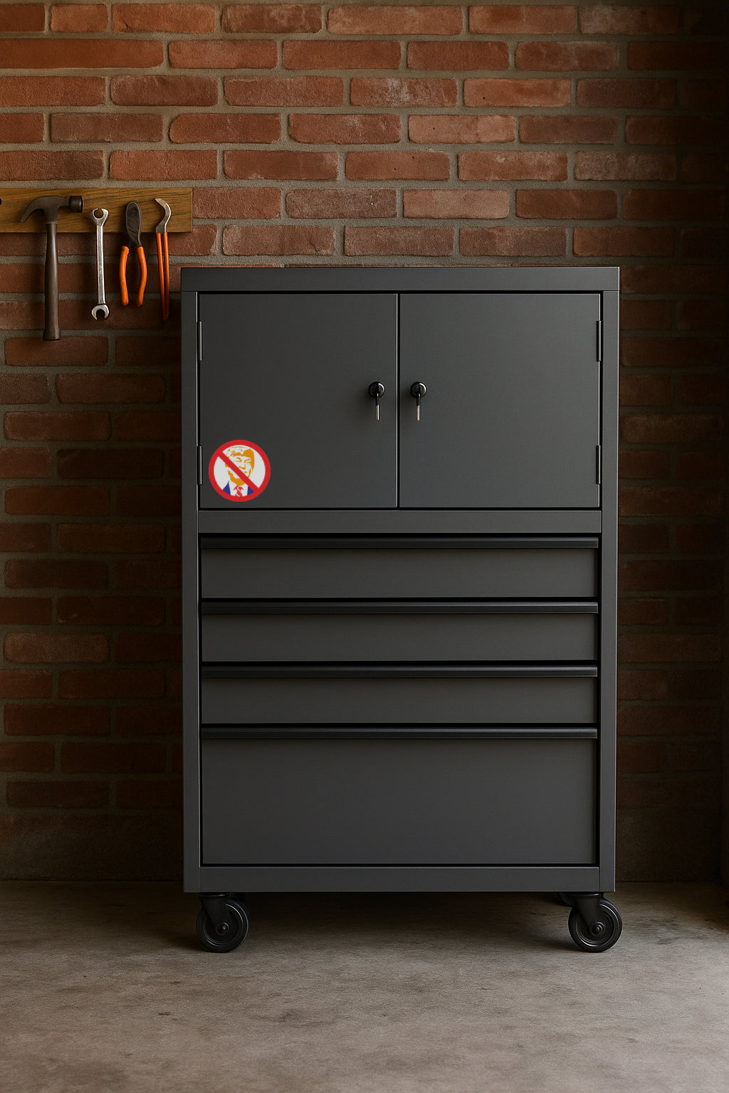 Anti-Trump MAGA black Circle with Line Through It' magnet or vinyl decal displayed on a black tool cabinet. A bold, high-quality political sticker perfect for cars, laptops, fridges, or toolboxes. Great for activists, protestors, or anyone fed up with fascism.