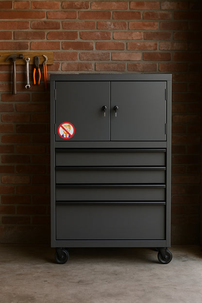 Anti-Trump MAGA black Circle with Line Through It' magnet or vinyl decal displayed on a black tool cabinet. A bold, high-quality political sticker perfect for cars, laptops, fridges, or toolboxes. Great for activists, protestors, or anyone fed up with fascism.
