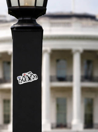 An evocative mockup showing the sticker placed on a black metal lamp post in the foreground. In the soft-focus background, the iconic architecture of the White House is visible under a bright sky.