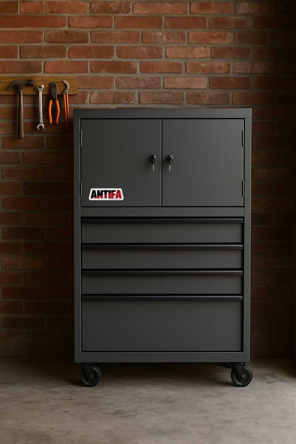 Gray tool cabinet with 'ANTIFA' branding against a brick wall.
