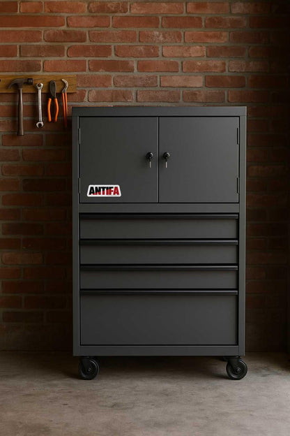 Gray tool cabinet with 'ANTIFA' branding against a brick wall.