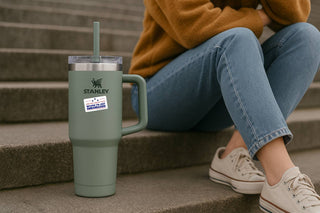 A lifestyle shot of a sage green insulated tumbler sitting on concrete outdoor stairs. A small "Are We Great Yet?" vinyl decal is applied to the side of the tumbler. A person wearing jeans and tan sneakers sits blurred in the background.
