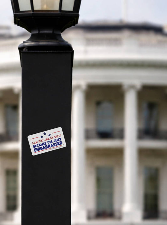 A vertical shot of a black metal lamp post in the foreground with a blurry White House in the background. An "Are We Great Yet?" sticker is stuck to the flat surface of the post.