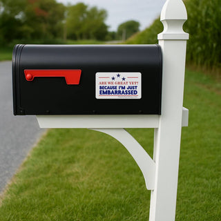 A close-up of a black rural-style mailbox on a white post along a country road. The "Are We Great Yet?" sticker is prominently displayed on the side of the mailbox near the red signal flag.