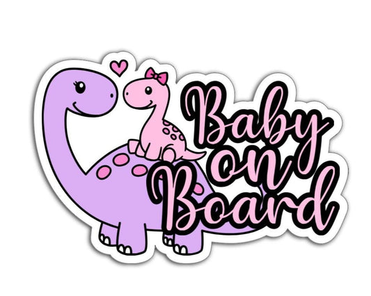 Sticker with purple dinosaur, pink baby dinosaur, and 'Baby on Board' text on a white background