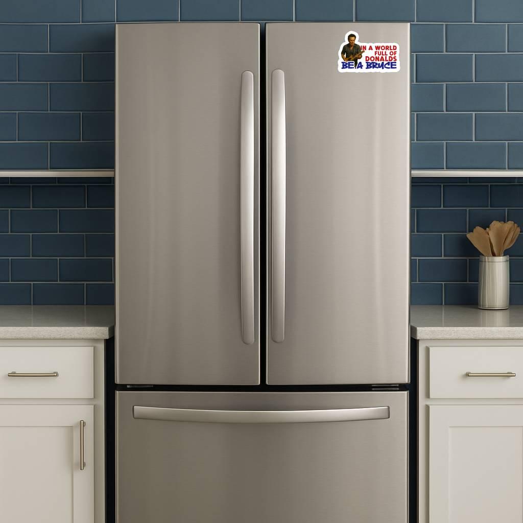 Sticker with a graphic of a Bruce Springsteen playing guitar and text 'In a world full of Donalds be a Bruce' on a fridge