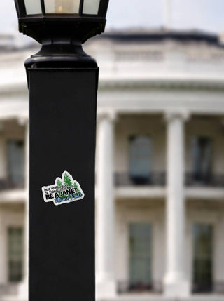Be a Janet Maine Pride anti Trump political sticker on black lamp post with White House background, Janet Mills quote vinyl decal, progressive Maine activist bumper sticker, outdoor resistance statement design