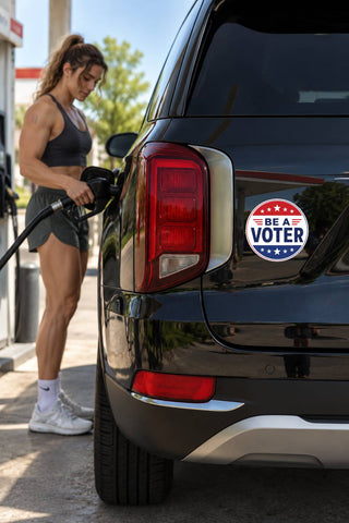 Round “Be a Voter” design on the rear of a glossy black SUV while a person refuels it at a gas station.