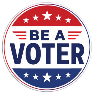Close-up of the round “Be a Voter” design with navy lettering, red and blue bands, and white stars on a white background.