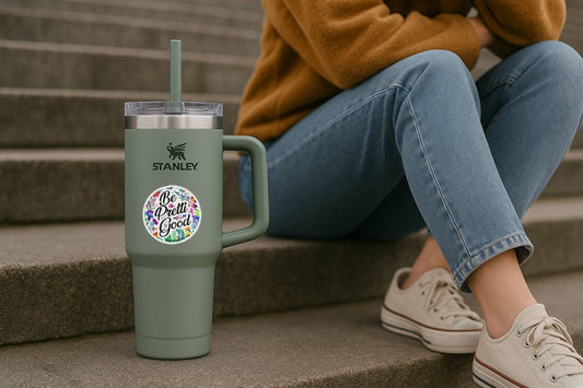 Person sitting on steps with a green Stanley tumbler and colorful sticker.