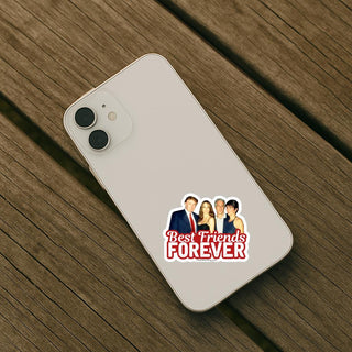 a sticker showing trump, melania, epstein, and ghislaine maxwell with the works best friends forever below them on the back of an iphone.
