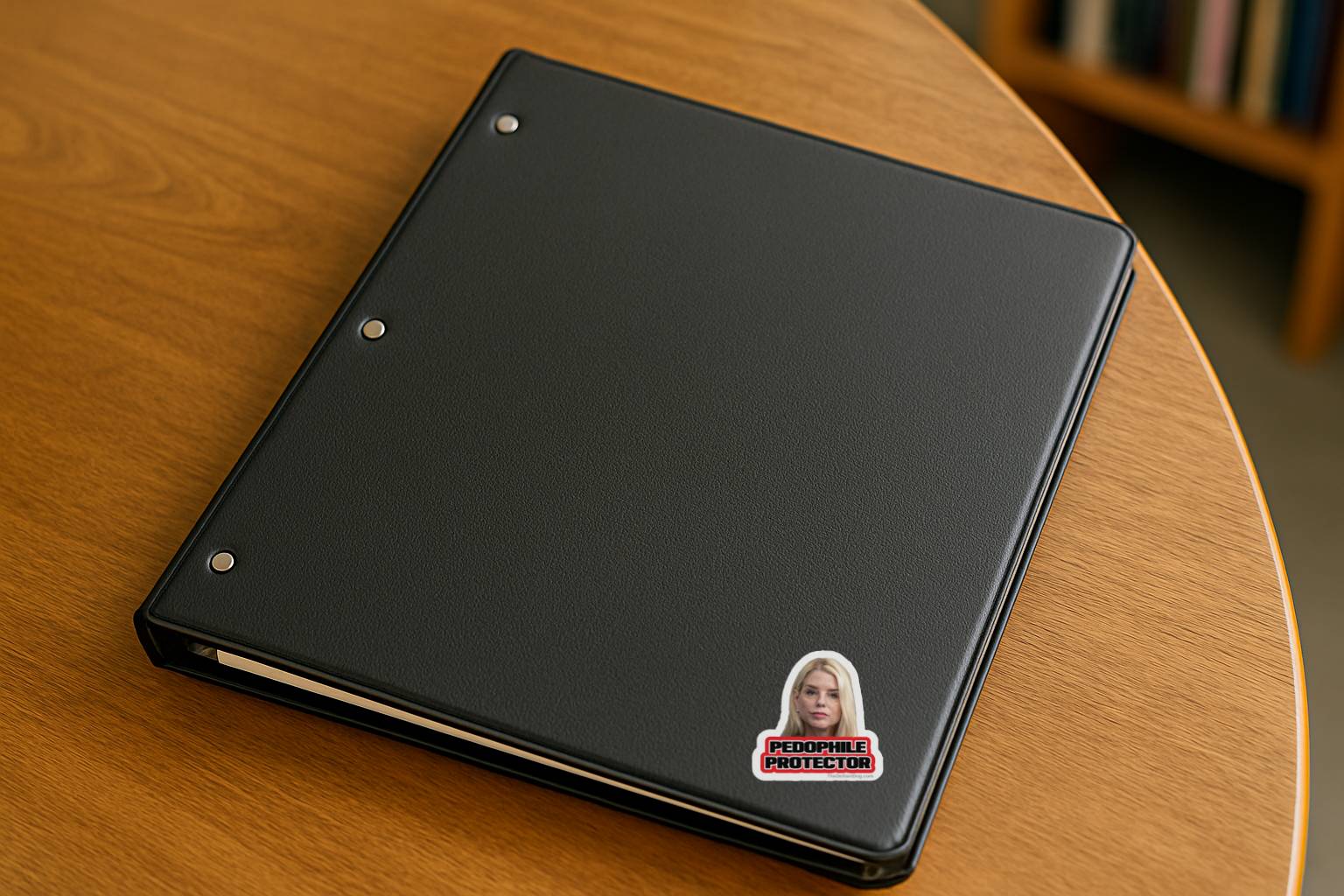 Pam Bondi Pedophile Protector vinyl decal placed on black binder resting on wooden table