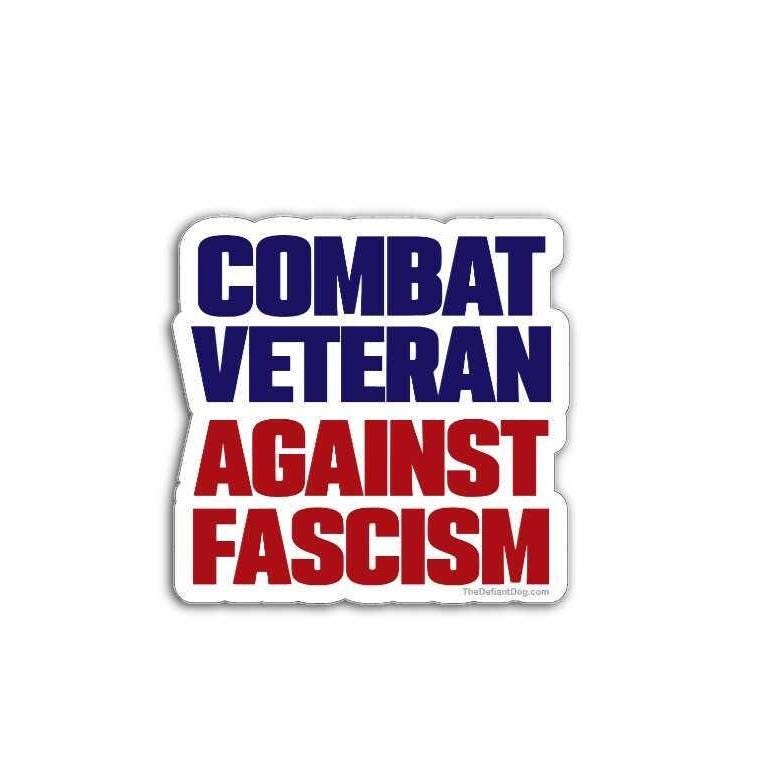 Sticker with 'Combat Veteran Against Fascism' text in blue and red on a white background