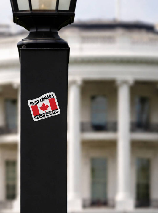 Dear Canada We Hate Him Too anti Trump protest sticker on black lamp post with White House background, Canadian flag political vinyl decal, progressive activist resistance bumper sticker, outdoor street statement design