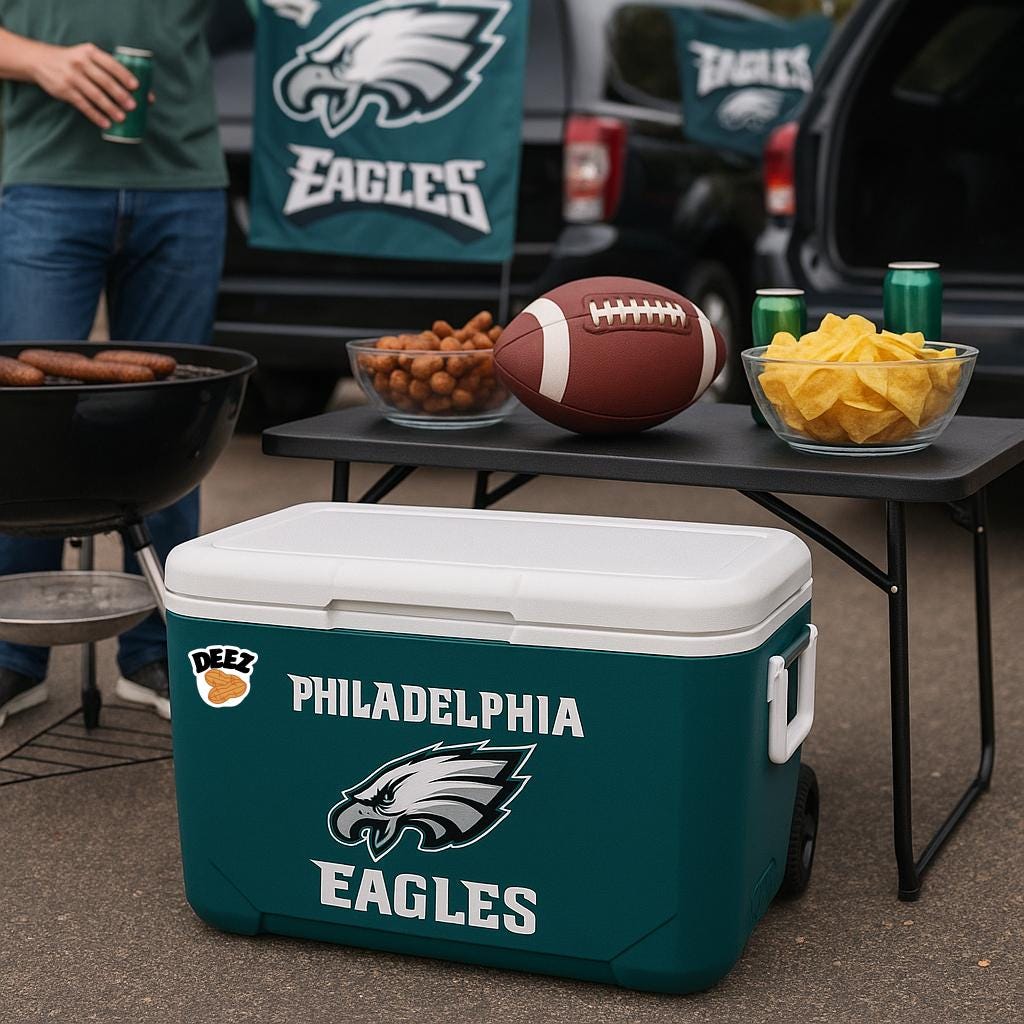 image of a sticker that says DEEZ with a picture of two peanuts on a cooler at a Philadelphia eagles tailgate party