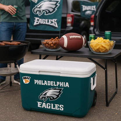 image of a sticker that says DEEZ with a picture of two peanuts on a cooler at a Philadelphia eagles tailgate party