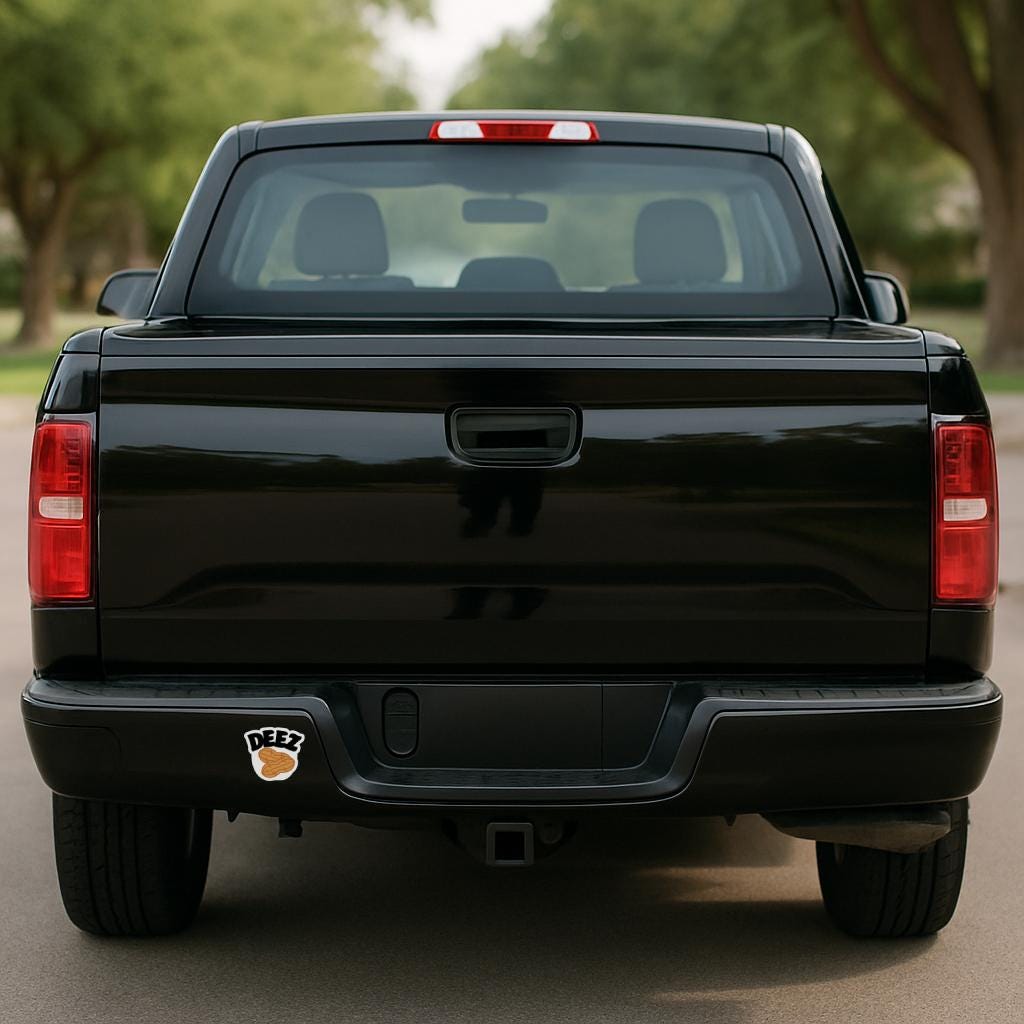 image of a sticker that says DEEZ with a picture of two peanuts on a black pickup truck
