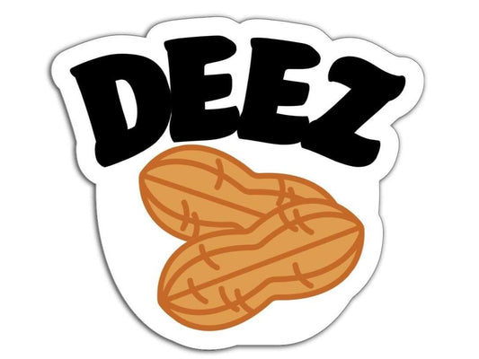image of a sticker that says DEEZ with a picture of two peanuts on a white background
