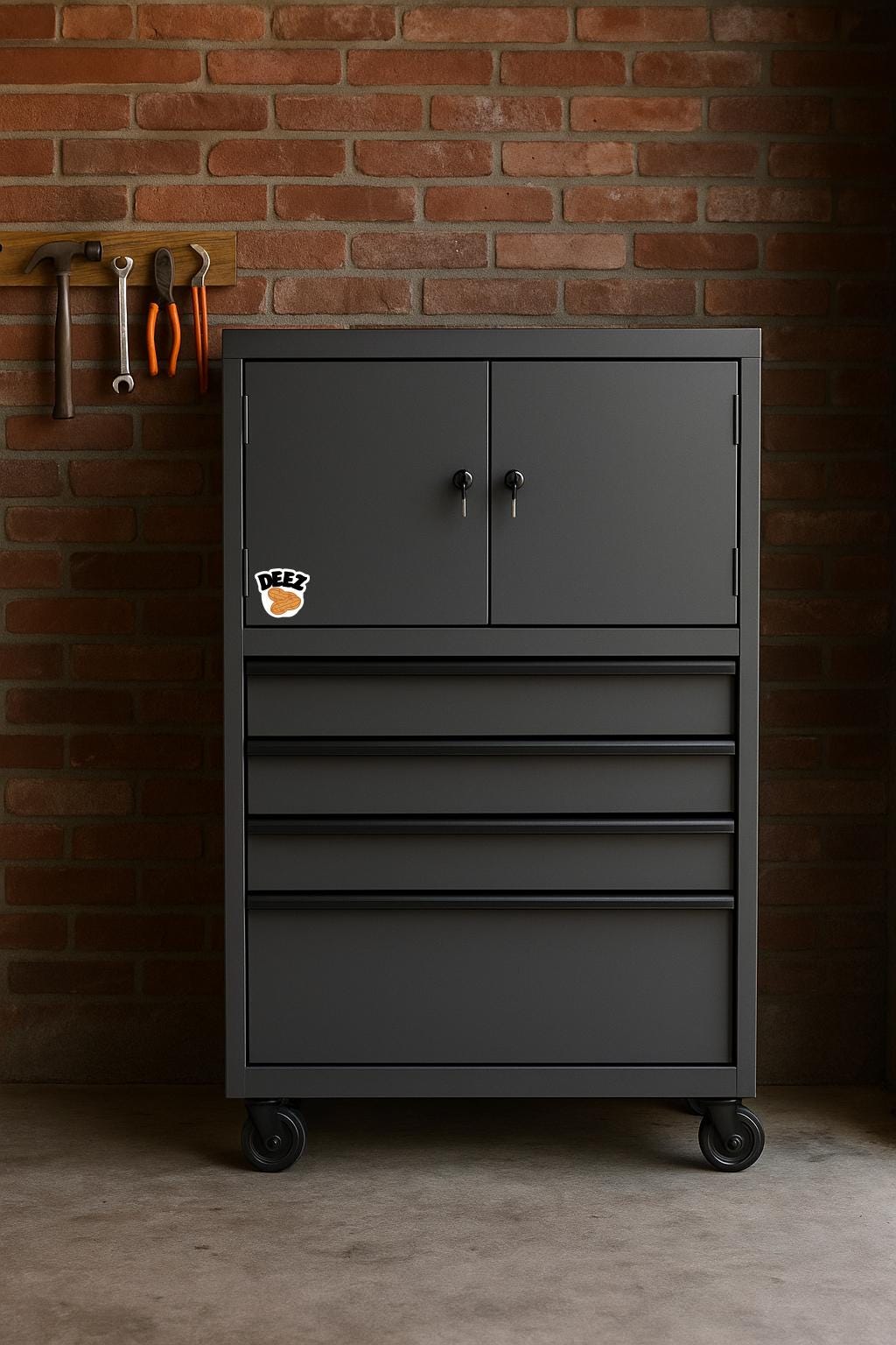image of a sticker that says DEEZ with a picture of two peanuts on a tool cabinet