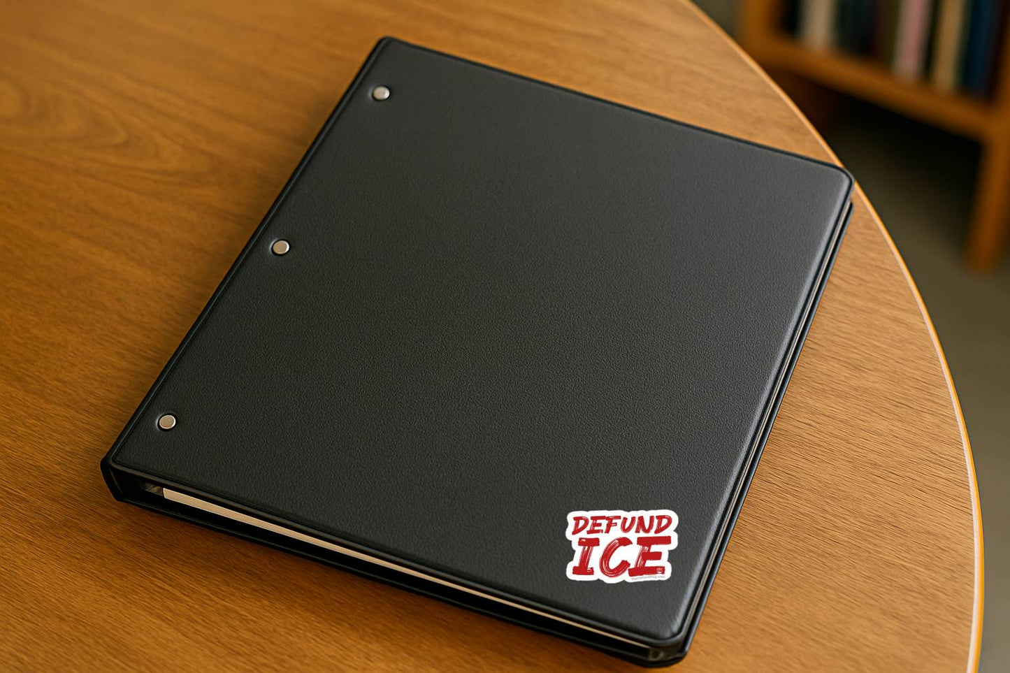 Black notebook with 'Defund ICE' sticker on a wooden table