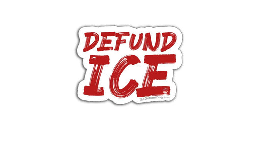 Sticker with 'DEFUND ICE' text in red on a white background