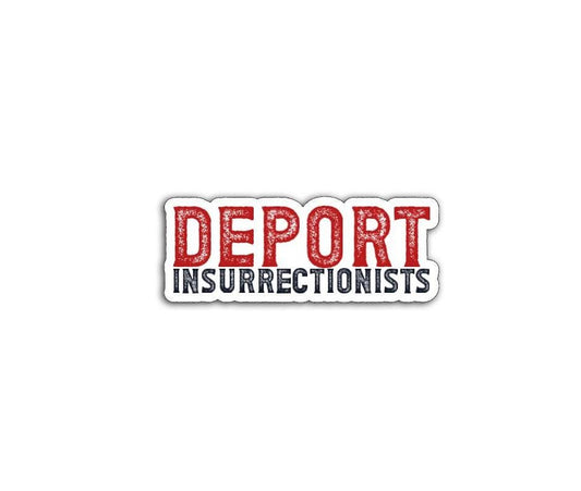 'Deport Insurrectionists' magnet or vinyl decal displayed with a slight shadow on a white background. A bold, high-quality political sticker perfect for cars, laptops, fridges, or toolboxes. Great for activists, protestors, or anyone fed up with fascism.