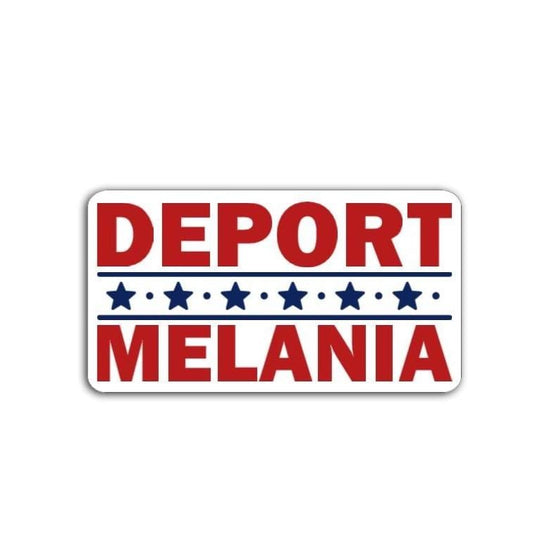 deport melania sticker with ted text and blue stars on white background