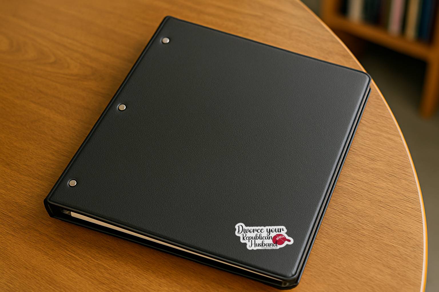 Black binder on wooden table featuring Divorce Your Republican Husband vinyl sticker on bottom corner