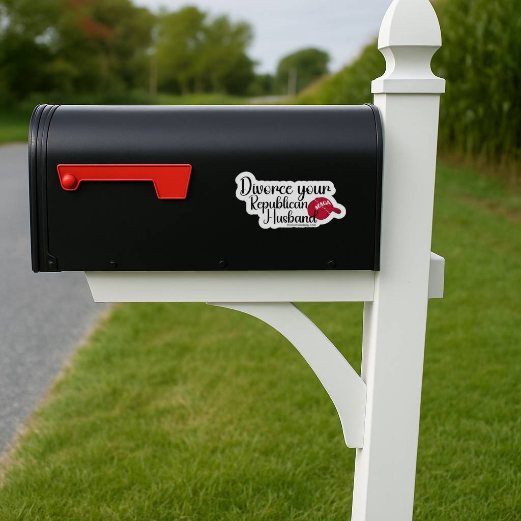 Black mailbox with red flag displaying Divorce Your Republican Husband sticker on side panel