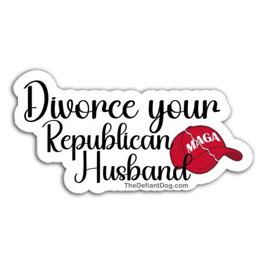 Sticker with text 'Divorce your Republican Husband' featuring a MAGA hat graphic on a white background.