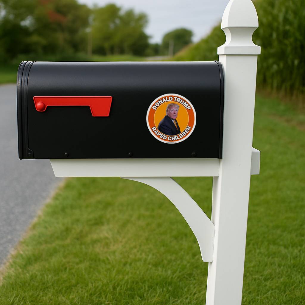 Circular sticker with a portrait Donald Trump and the text Donald Trump Raped Children with an orange background on a black mailbox