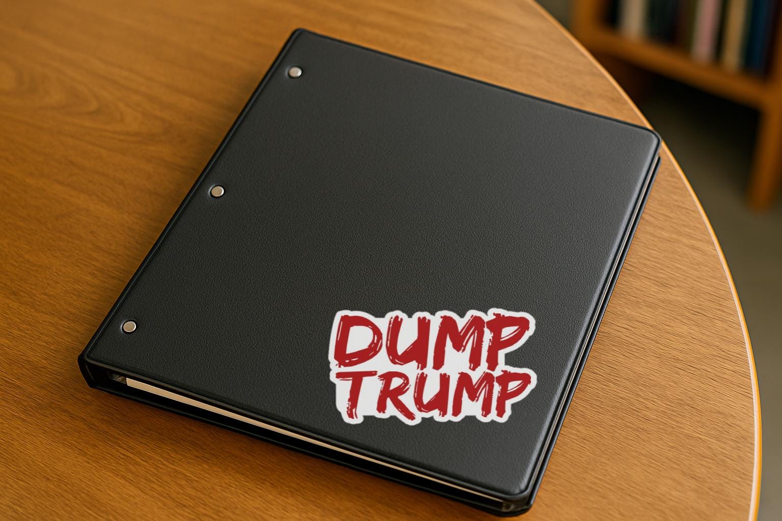 Bold red graffiti-style text that says “Dump Trump”—a rebellious magnet or decal for progressive voters and anti-Trump activists.