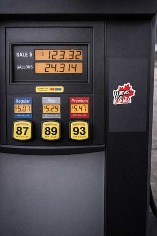 Close-up of a black fuel pump display showing sale price and gallons, with yellow buttons for regular, plus, and premium gasoline, and a red and white 'Flows Like Canada' sticker on the side.