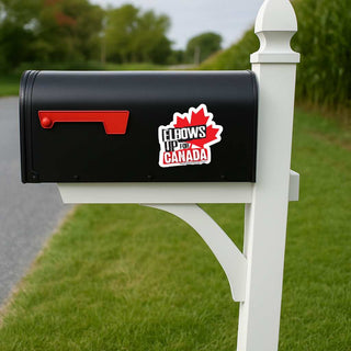 A black mailbox mounted on a white post outdoors, with a red maple leaf sticker that reads 'FLOWS UP TO CANADA' on the side.