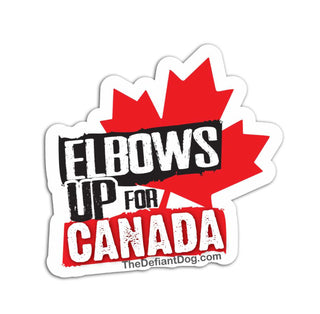 A die-cut sticker featuring a red maple leaf and the text 'ELBOWS UP FOR CANADA' in black and white, with 'theDefiantDog.com' printed below, shown on a plain white background.