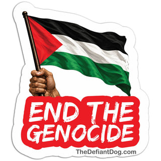 End the Genocide Palestine sticker featuring a hand holding the Palestinian flag above bold red and white lettering with a white die-cut border.